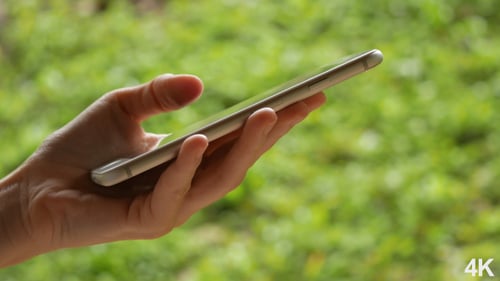 Hand Holds Smartphone Against Green, Leafy Background