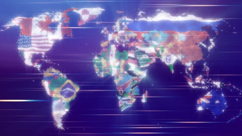 Futuristic Animated World Map with Glowing Country Flags