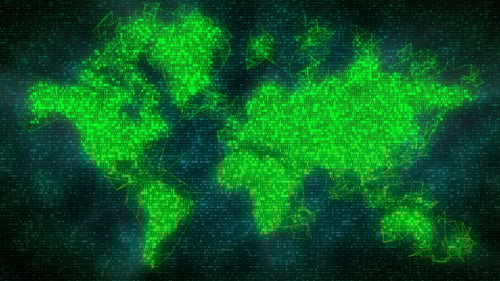 Futuristic World Map with Binary Code Data Network Animation