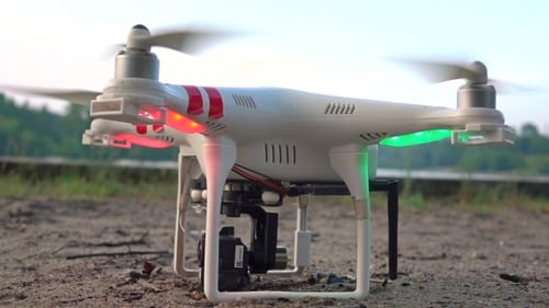 Small Drone Taking Off From Sand At Sunset. Super Clip