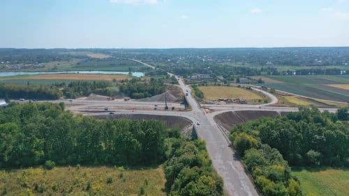 Aerial view interchange of highway. Expressway transport traffic road with vehicle movement