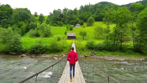 Man Walk Across a Suspension Bridge.