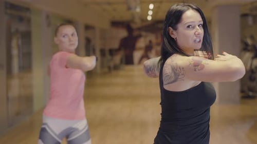 Portrait of Two Athletic Women Exercising in Gym. Brunette and Blond Sportswomen Doing Exercise