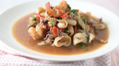 Close Up of Seafood Stir-Fry on a Plate