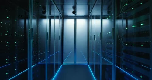 Long Hallway Full Server Racks in a Modern Data Center