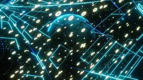 HD Artistic infographics binary numbers tunnel and Earth globe rotation. Technology Network