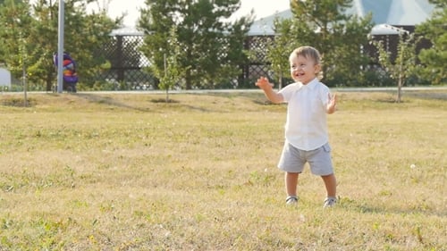 Young Happy Little Boy Smiling Greeting Someone In The Park