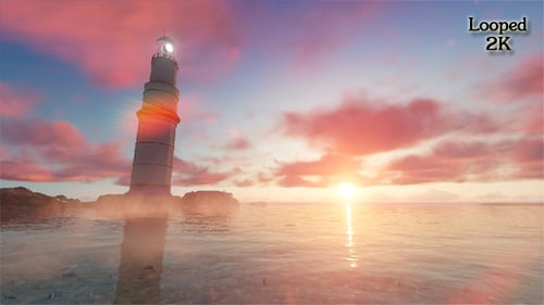Serene Lighthouse Ocean Scene with Dramatic Sunset Animation