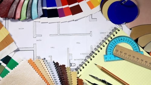 Interior Design with Blueprints, Color Swatches, and Tools