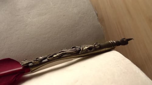 Feather Pen in Old Book Close Up