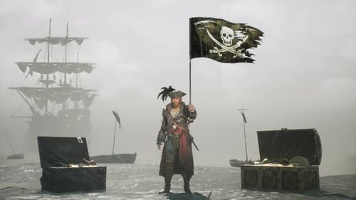 Ein Pirat steht neben einer Piratenflagge