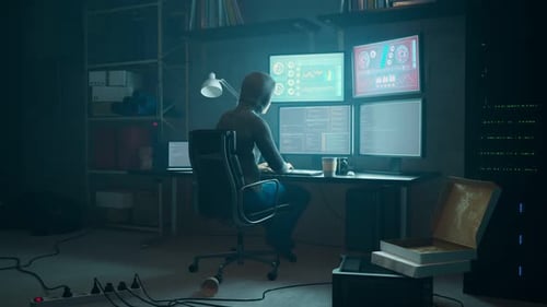 Cybersecurity Hacker Analyzing Data on Advanced Computer Screens