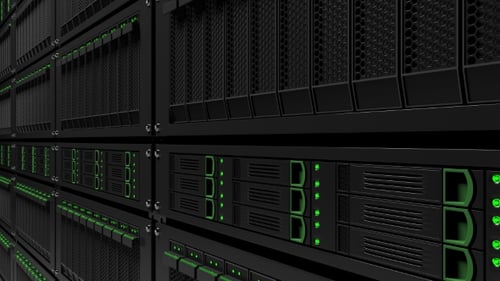 Futuristic Rows of Black Servers with Green Lights