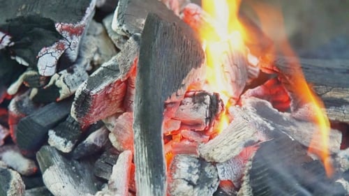 Burning Charcoal With Orange-colored Flame And Glow Selective Focus, Focus On Parts Of The Charcoal