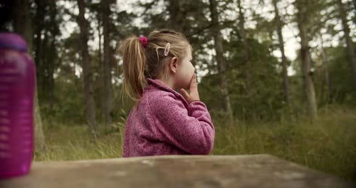 Kleines Mädchen in roter Jacke isst einen Browny im Forest Park