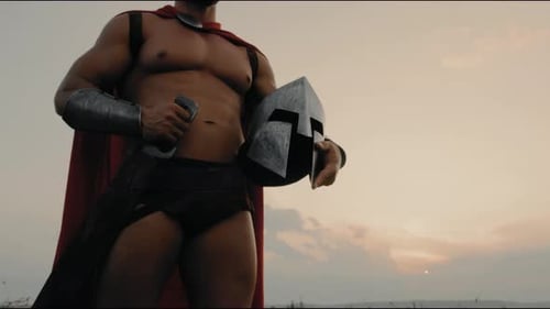 Crop of Spartan Posing in Dry Field Sunset
