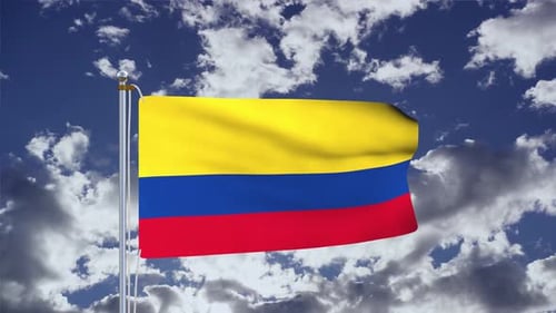Realistic Colombian Flag Waving on Pole with Cloudy Sky