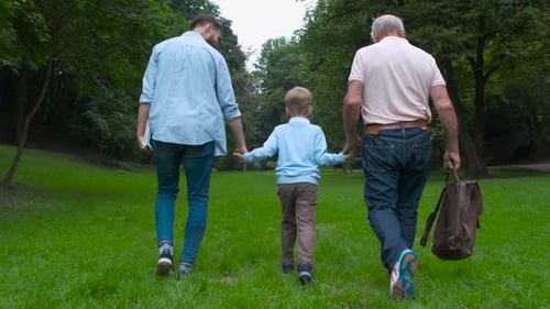 Child Walks with Adult and Senior in Park