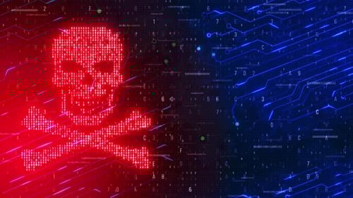 Digital virus skull and crossbones on binary code data theft Digital. HACKED.