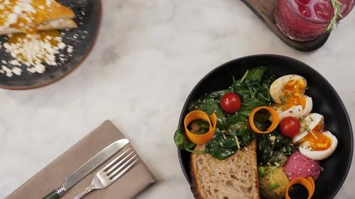 Overhead Shot of Healthy Breakfast with Eggs and Spinach