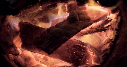 Closeup view of coal-burning in the fireplace