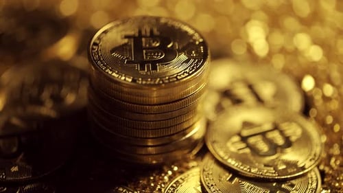 Stack of Gold Bitcoins close up