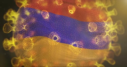 Drapeau de l'Arménie avec microbe du coronavirus centré sur 4K