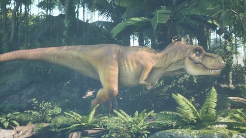 3D T-Rex Dinosaur Walking Through a Lush Jungle Environment