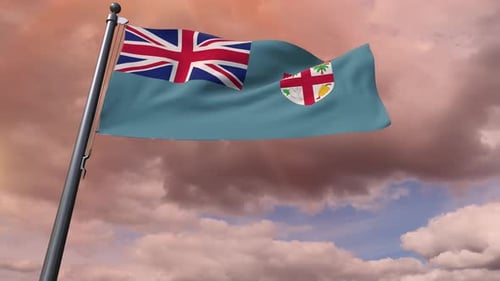 Animated Flag of Fiji Waving Against Cloudy Sunset Sky