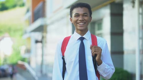 Smiling Teen Student Outside School Building