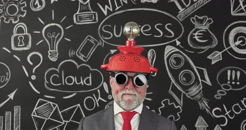 Eccentric Businessman with Bright Idea Colander Hat