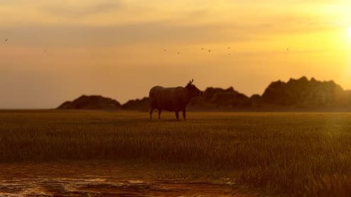 Lonely Grazing Bull and Sunset View