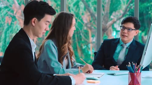 Colleagues Discuss Business at Conference Table