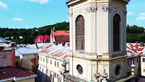 Aerial drone view of a flying over the Catholic Cathedral.