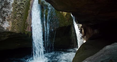 Overview Mountain River Waterfall with Flowing Water Into the Lake