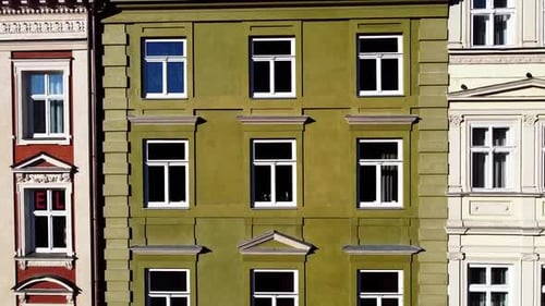 Facade of a European city building. Elements of architecture. Aerial drone view.
