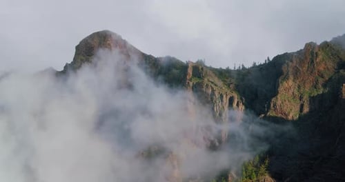Beautiful Mountain and Clouds with Fog Natural Landscape at Sunrise in Tenerife Teide Rural Park