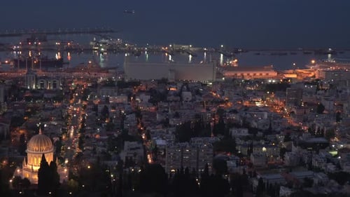 Pan right of Haifa at dusk