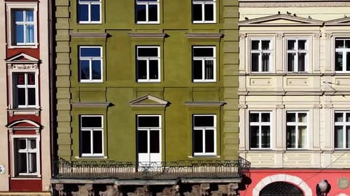 Facade of a European city building. Elements of architecture. Aerial drone view.