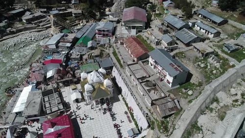 Gangotri village in the state of Uttarakhand in India seen from the sky