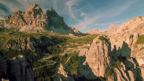 Evening aerial view of Tre Cime in the Alps
