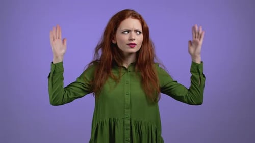 Young Woman Showing Invisible Abstract Big Subject or Object