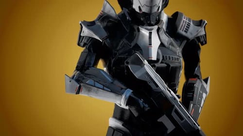 Soldat futuriste en armure d'acier avec le pistolet Cyber Punk