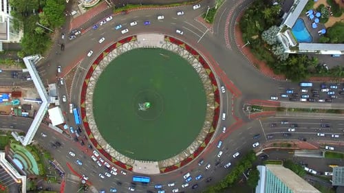 Aerial view of a big roundabout on an Asian city, Jakarta, Indonesia.