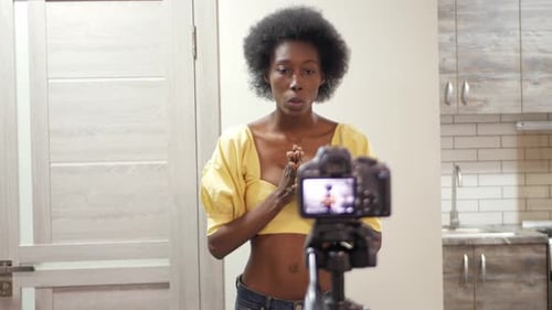 African American Black Woman Blogger Records Video on Channel Online Broadcast