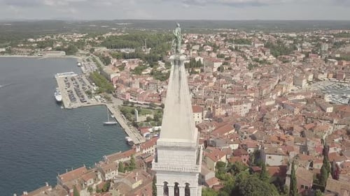 Fly Around Statue of St. Euphemia on The Top of Church. Flat Color