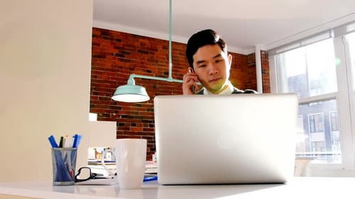 Young Adult Working On Laptop Talking on Phone