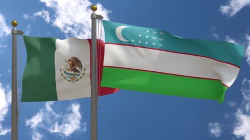 Waving Flags of Mexico and Uzbekistan on Flagpoles