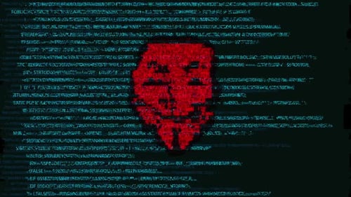 Hacker Mask Animated on Scrolling Digital Code Background