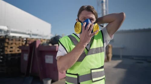 Worker Putting on Safety Mask at Construction Site